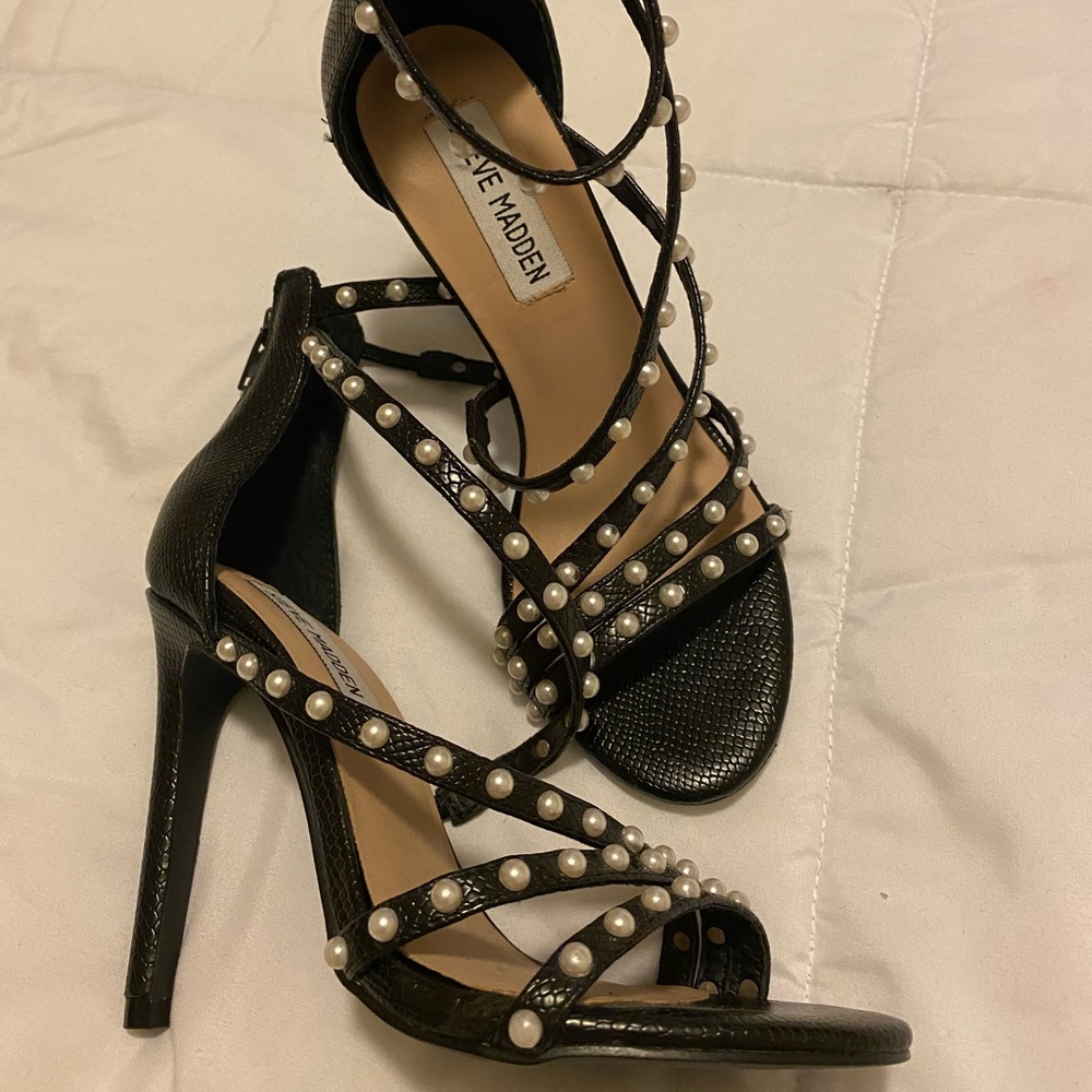 Meg Black snake pearl ankle strap heels